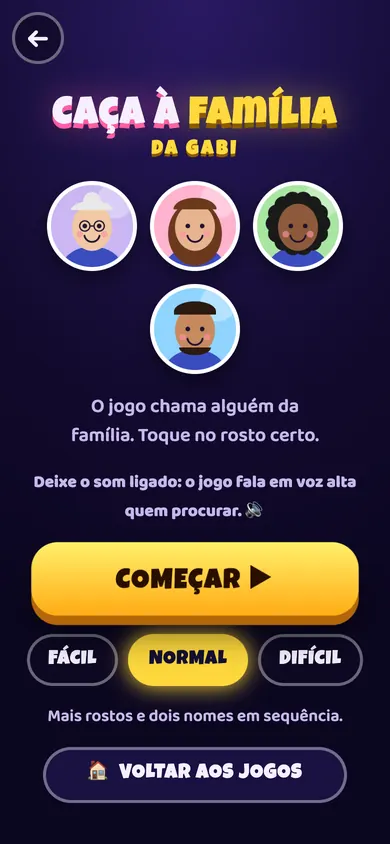 A Caça à família da Gabi, com os rostos da família desenhados e o botão Começar