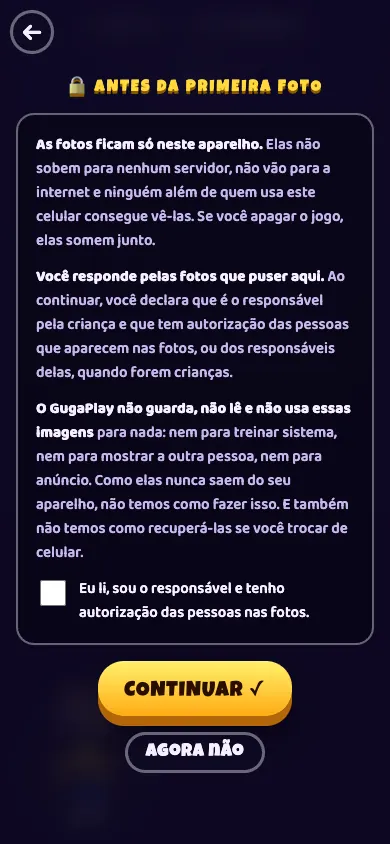 A tela Antes da primeira foto, que explica ao adulto que as fotos ficam só no aparelho
